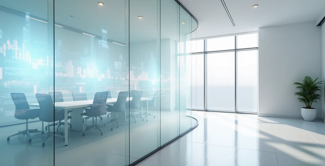 Vue environnementale d'un bureau moderne avec graphiques de performance projetés sur surfaces en verre
