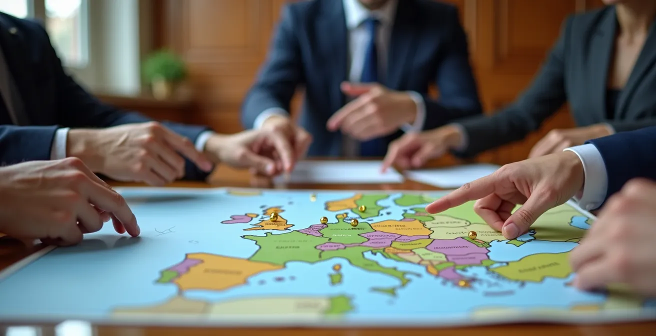 Mains d'experts juridiques examinant ensemble une carte européenne avec documents officiels