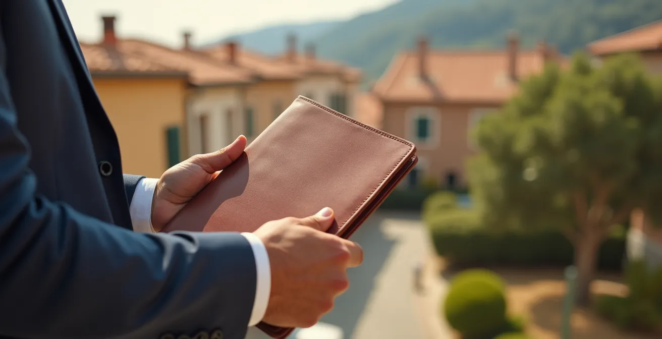 Agent immobilier examinant discrètement un quartier résidentiel avec maisons typiques du Sud