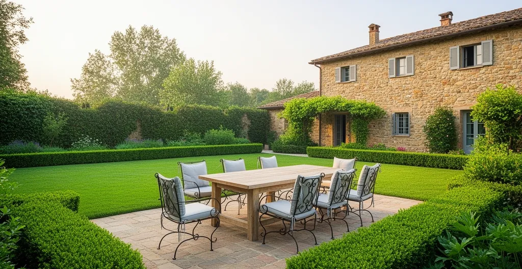 Jardin privatif d'une maison de village du Lauragais avec terrasse