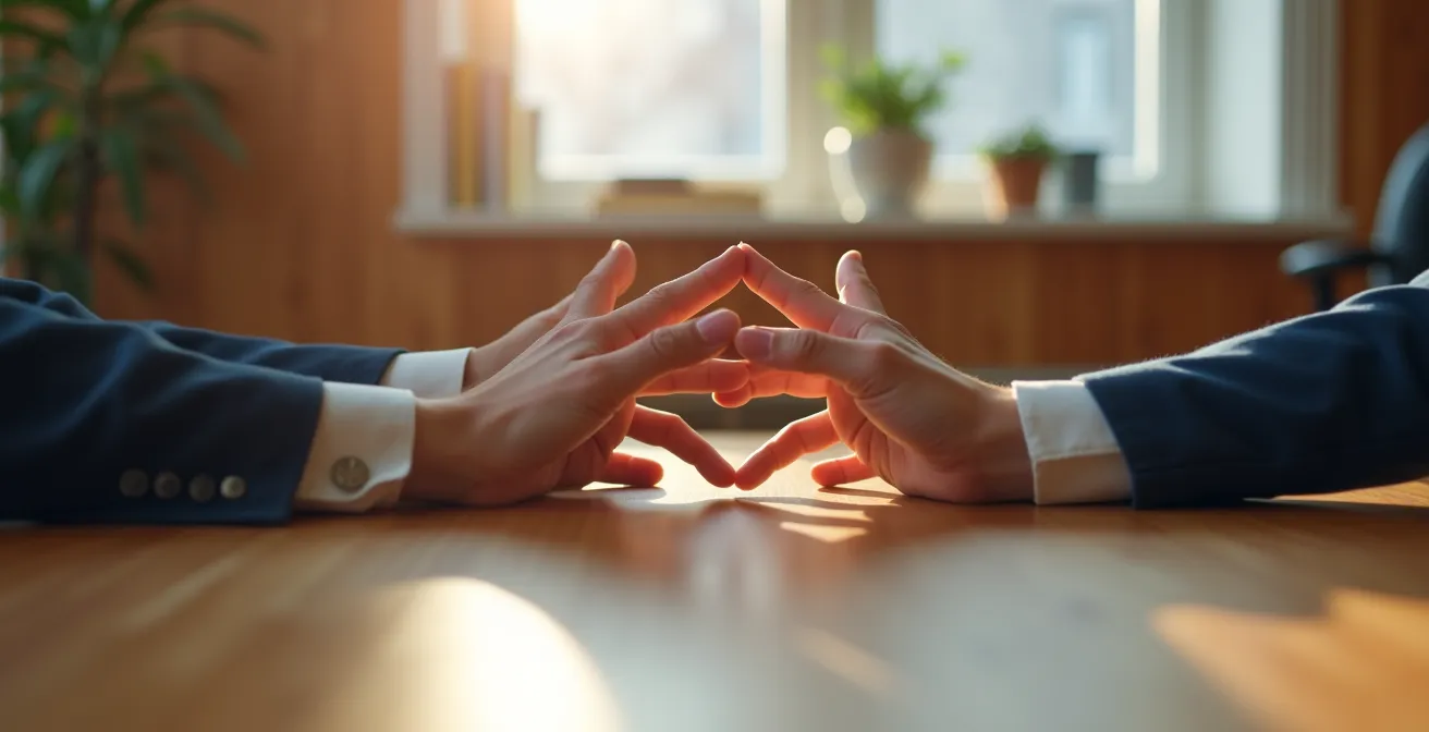 Médiateur facilitant une discussion entre deux parties dans un bureau lumineux