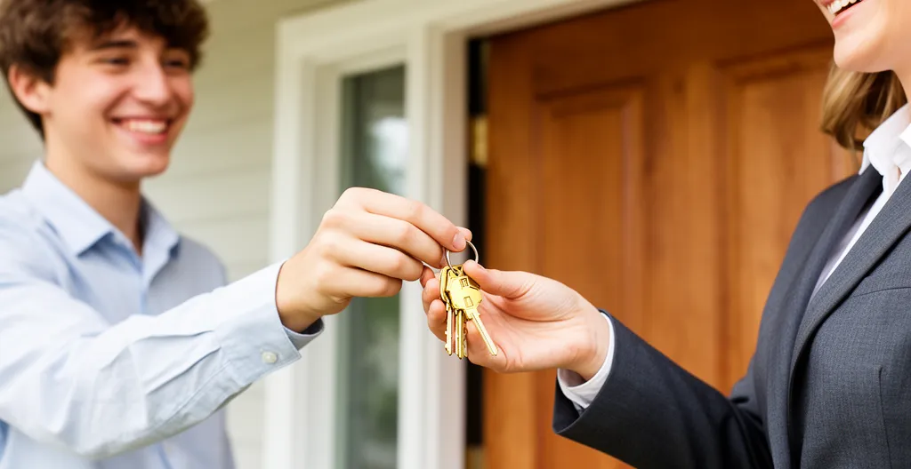 Remise de clés entre agent immobilier et nouveau locataire