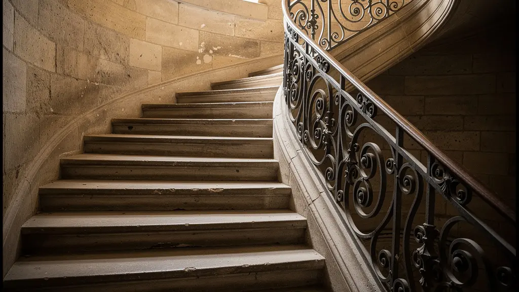 Détail architectural d'un escalier en pierre ancien avec rampe en fer forgé dans une propriété de caractère