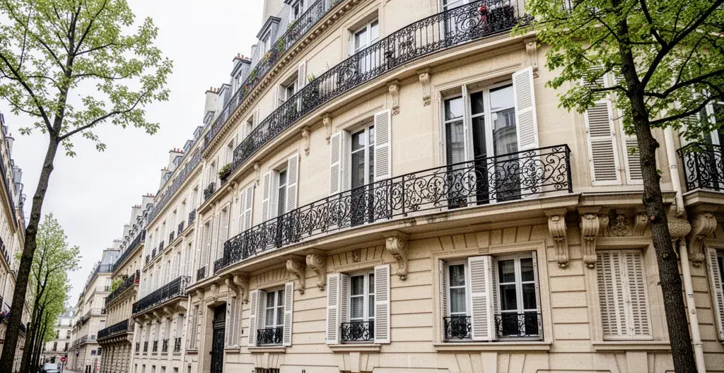Façade typique d'un immeuble haussmannien parisien avec balcons en fer forgé