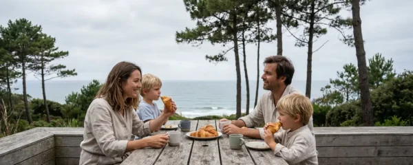 Famille profitant du petit-déjeuner sur terrasse de villa vacances côte landaise