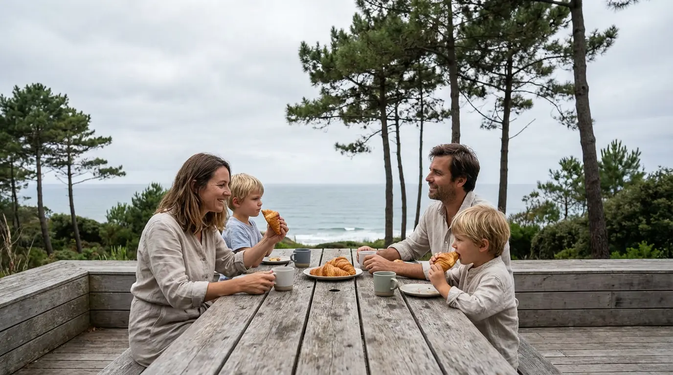 Famille profitant du petit-déjeuner sur terrasse de villa vacances côte landaise