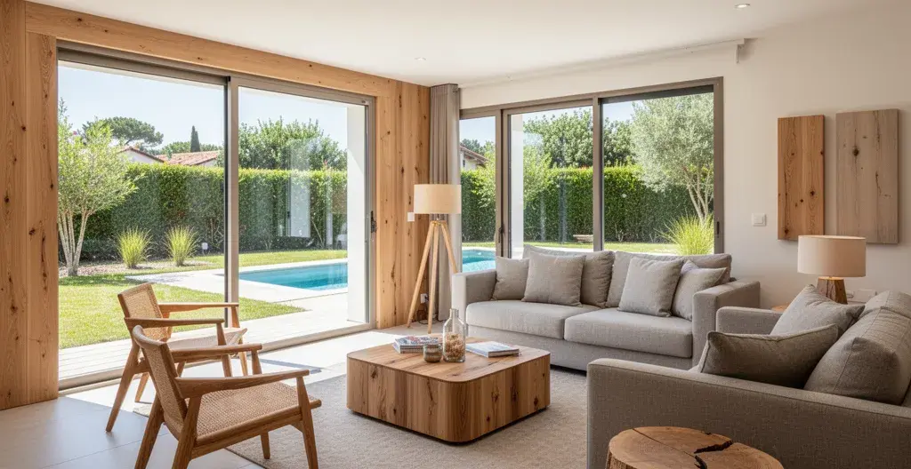 Salon lumineux villa de vacances style landais avec vue jardin