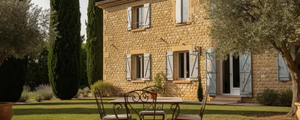 Mas provençal authentique avec façade en pierres dorées et volets bleus, propriété de caractère typique