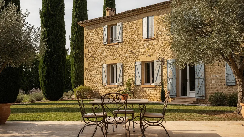 Mas provençal authentique avec façade en pierres dorées et volets bleus, propriété de caractère typique