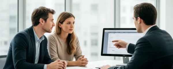 Couple français trentenaire en discussion avec un conseiller financier dans un bureau moderne à Bordeaux