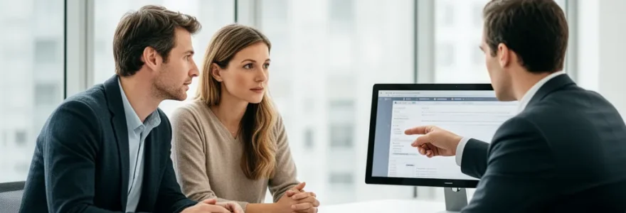 Couple français trentenaire en discussion avec un conseiller financier dans un bureau moderne à Bordeaux