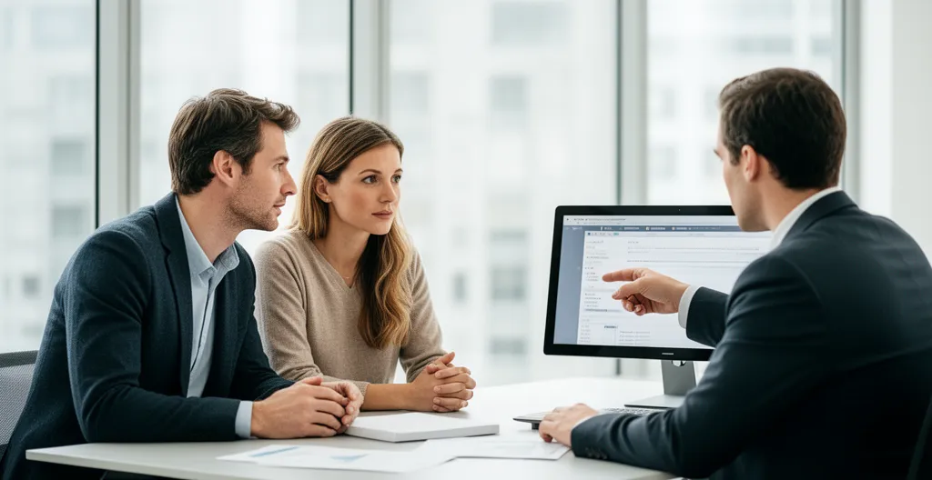 Couple français trentenaire en discussion avec un conseiller financier dans un bureau moderne à Bordeaux