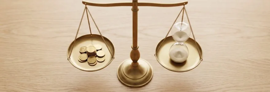 Balance de précision avec des pièces d'or et un sablier, symbolisant l'équilibre entre apport et durée d'un crédit.