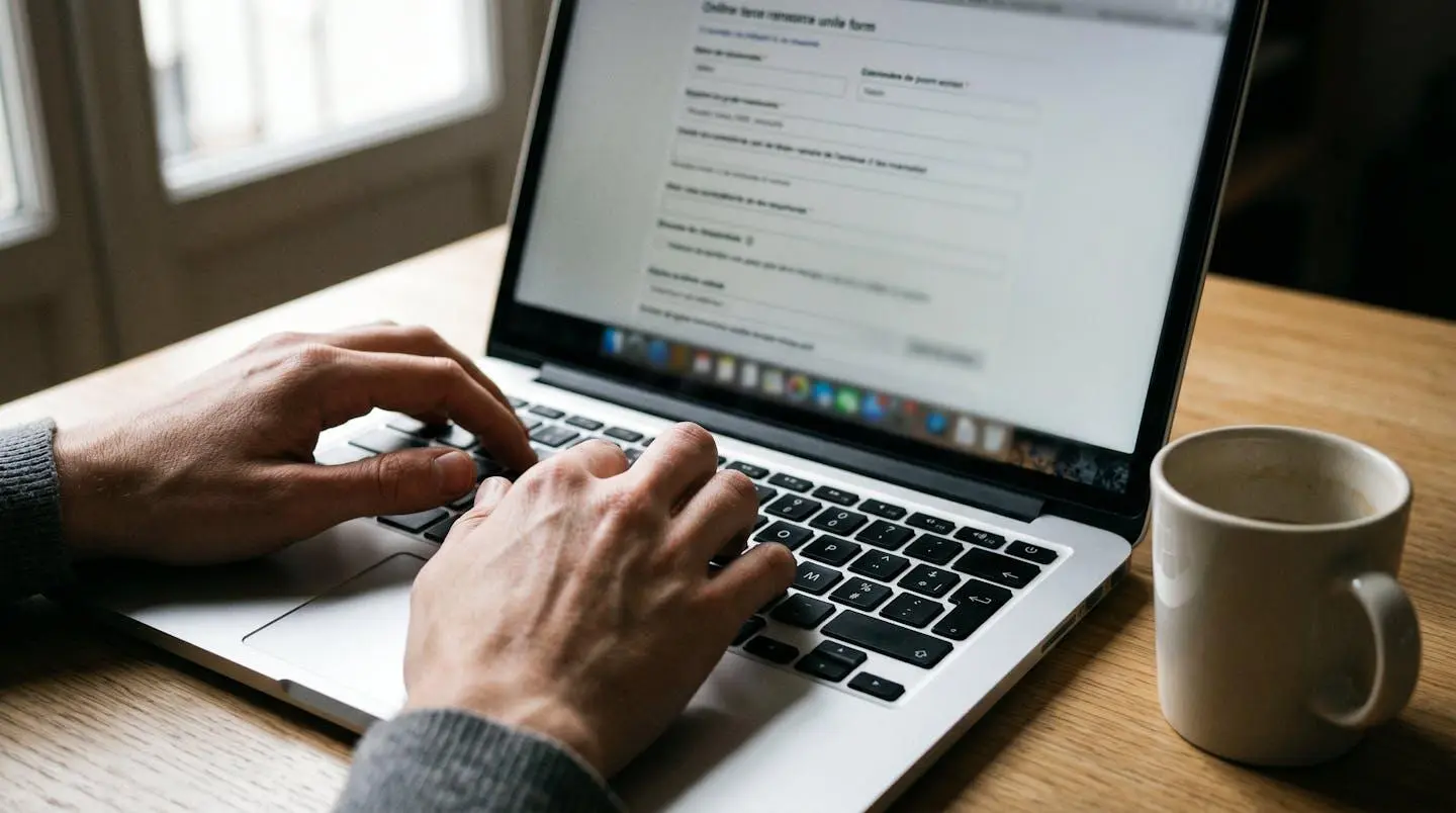 Mains tapant sur un clavier d'ordinateur portable avec un simulateur de crédit à l'écran.