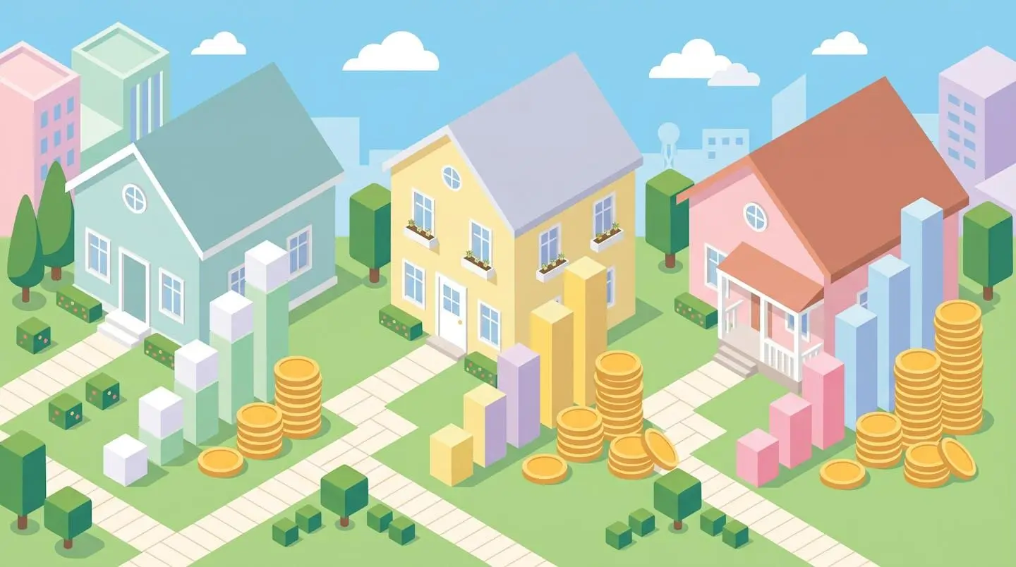 Trois maisons stylisées avec des graphiques à barres et des piles de pièces, illustrant trois profils d'emprunt.
