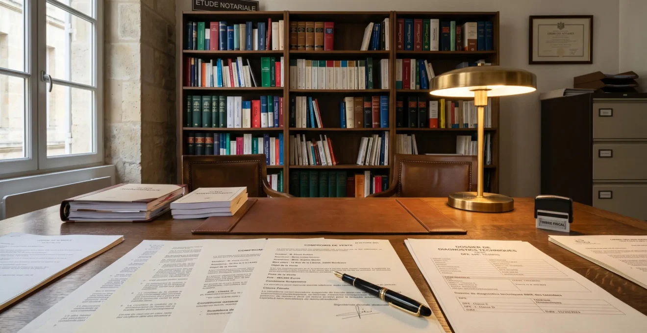 Bureau de notaire français avec documents juridiques (compromis de vente, diagnostics) étalés sur une table en bois sombre, stylo plume et lampe de bureau, bibliothèque de droit en arrière-plan