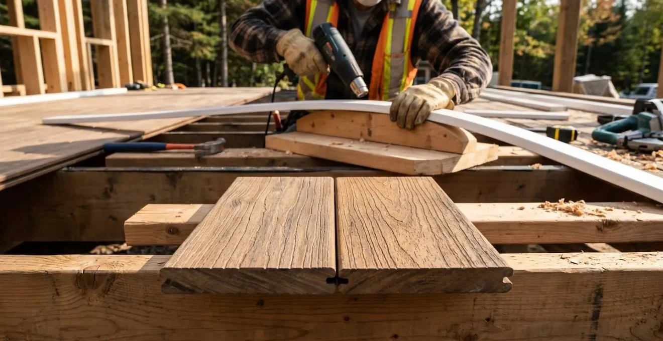 Échantillons de lames de terrasse composite TimberTech et Trex côte à côte sur un chantier de patio au Québec, avec une courbe en PVC Azek visible en fond