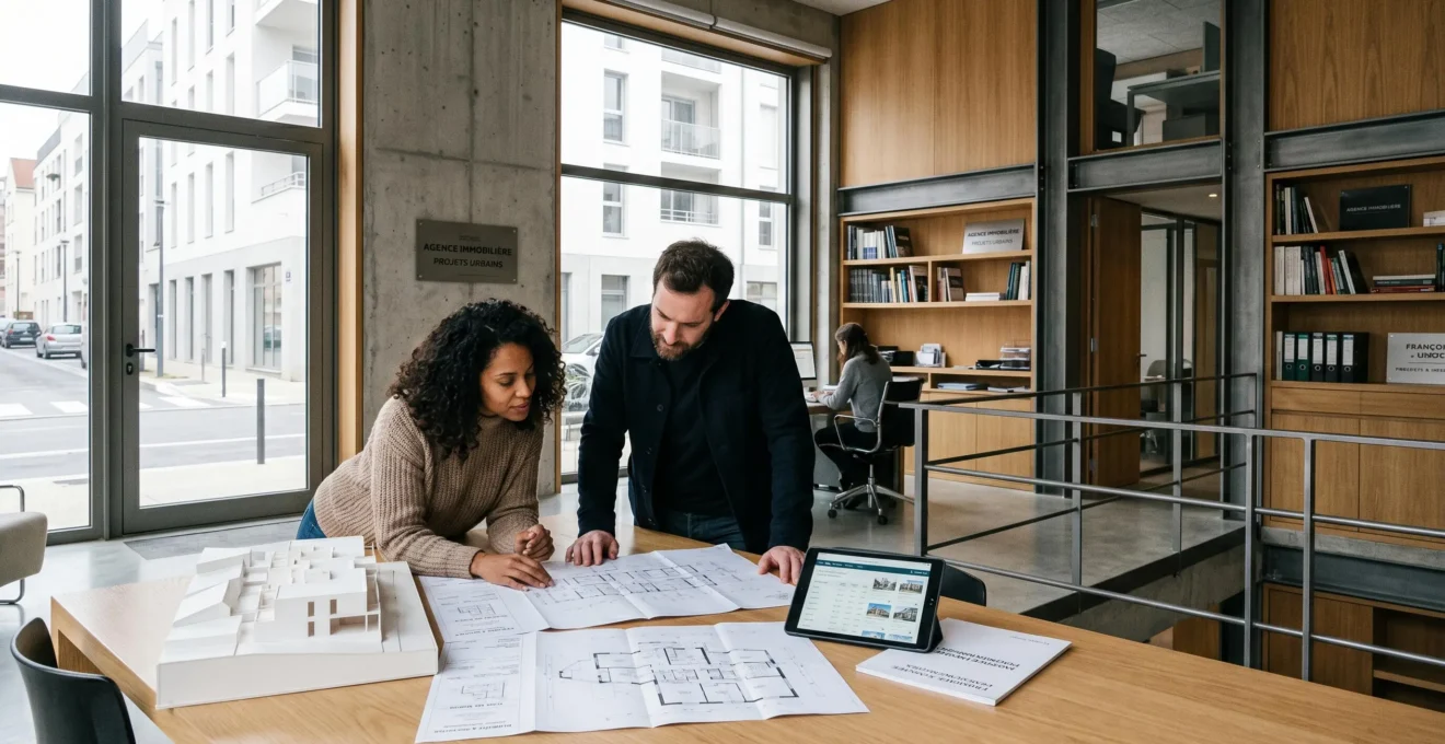 Couple consultant des plans architecturaux et documents immobiliers sur une table dans une agence immobilière contemporaine française avec lumière naturelle