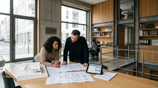 Couple consultant des plans architecturaux et documents immobiliers sur une table dans une agence immobilière contemporaine française avec lumière naturelle