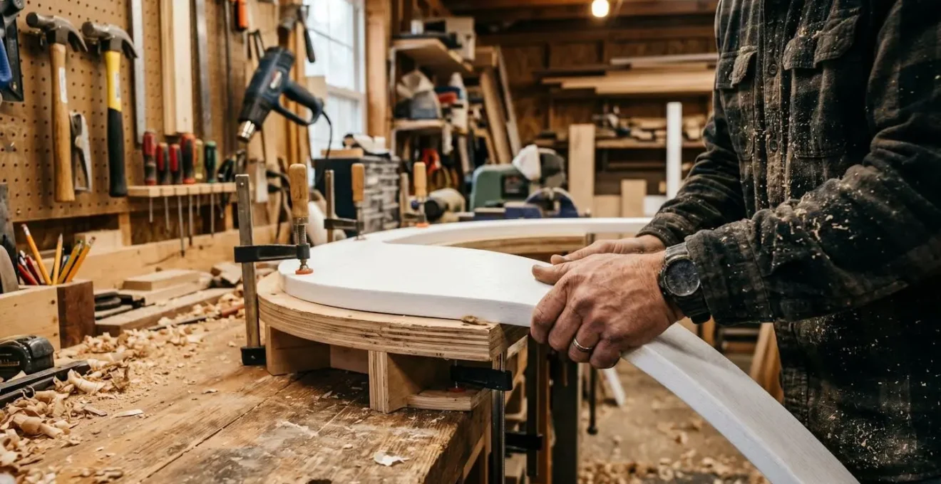 Artisan façonnant une courbe en PVC Azek TimberTech en atelier pour un patio sur mesure, gabarit bois visible, travail artisanal de précision