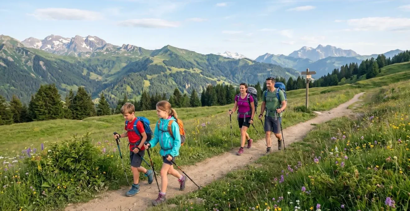 Famille avec deux enfants en randonnée sur sentier alpin fleuri aux Gets en été, prairie verte, montagnes en arrière-plan, ciel bleu, ambiance active et joyeuse
