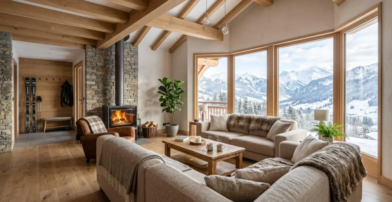 Intérieur d'un chalet moderne aux Gets, salon spacieux avec baies vitrées sur montagne enneigée, poutres bois apparentes, canapé confortable, cheminée allumée, décoration montagne chic contemporaine
