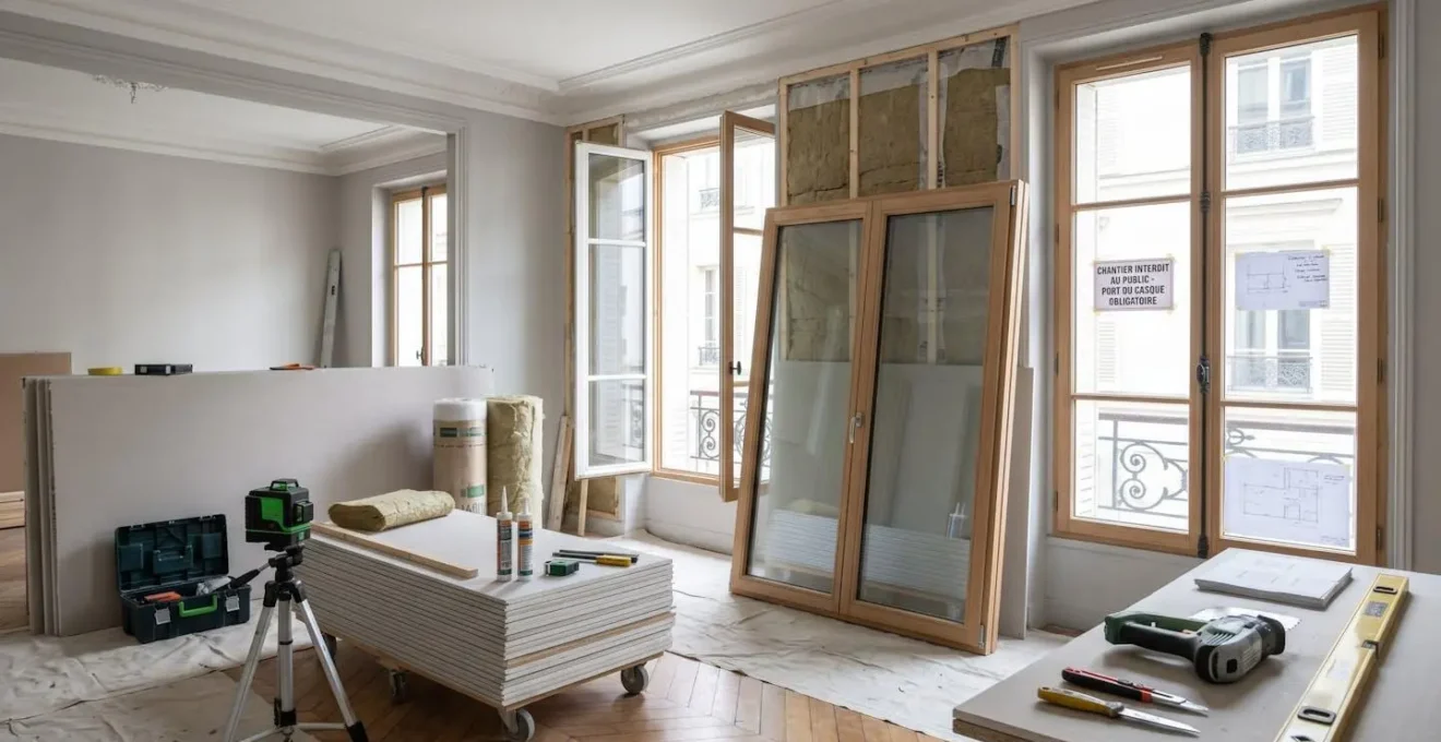 Intérieur d'un logement français en rénovation énergétique avec panneaux isolants, fenêtres double vitrage et matériaux de chantier visibles