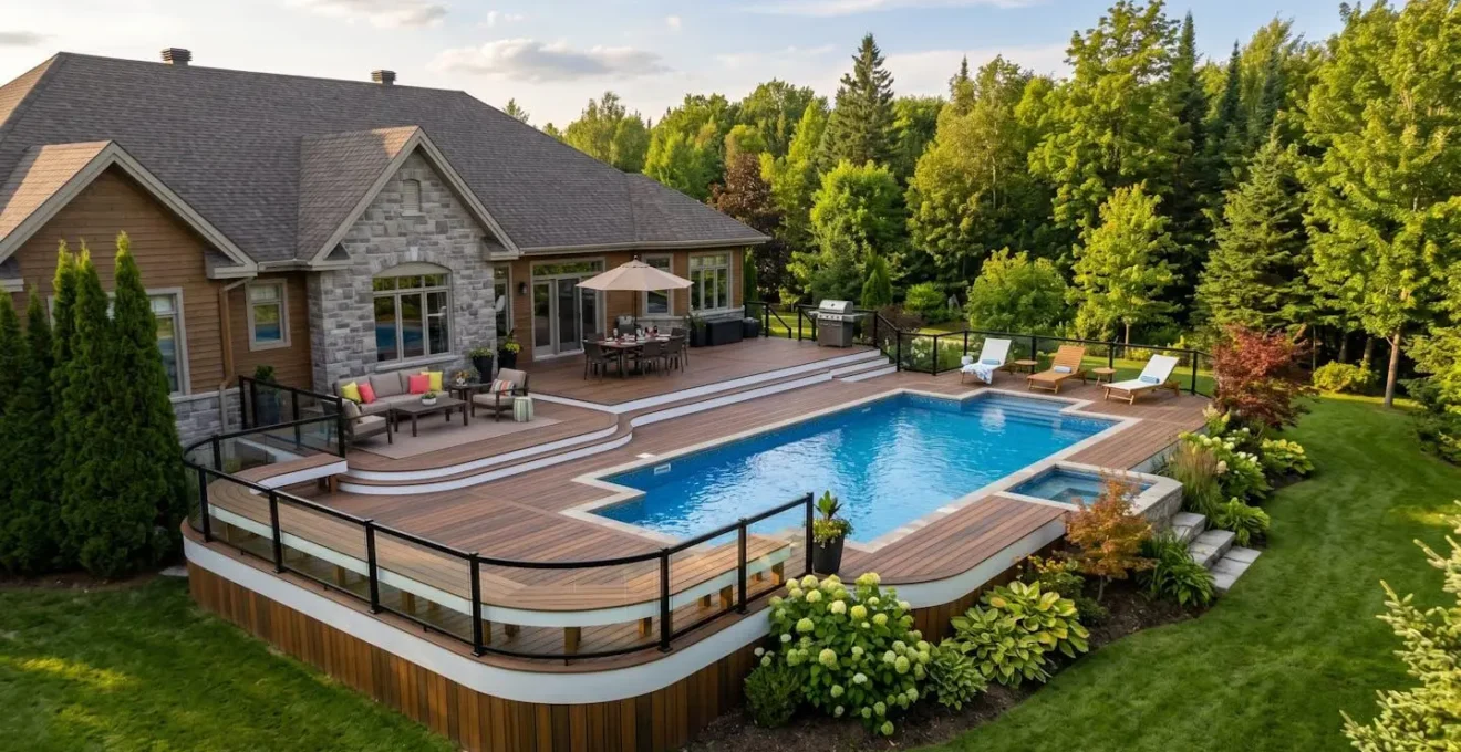 Vue aérienne d'un patio sur mesure en composite TimberTech avec courbes en PVC et rampes haut de gamme, intégré autour d'une piscine sur la Rive-Nord, Repentigny, Québec