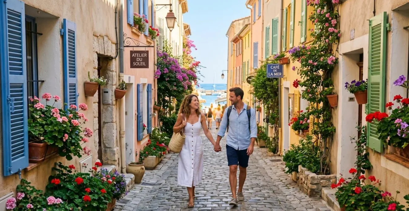 Couple se promenant dans une ruelle piétonne de Port Grimaud entre façades colorées et jardinières fleuries