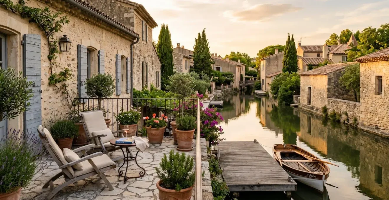 Terrasse en pierre d'une maison de canal à Port Grimaud avec vue sur le ponton privé et les canaux environnants