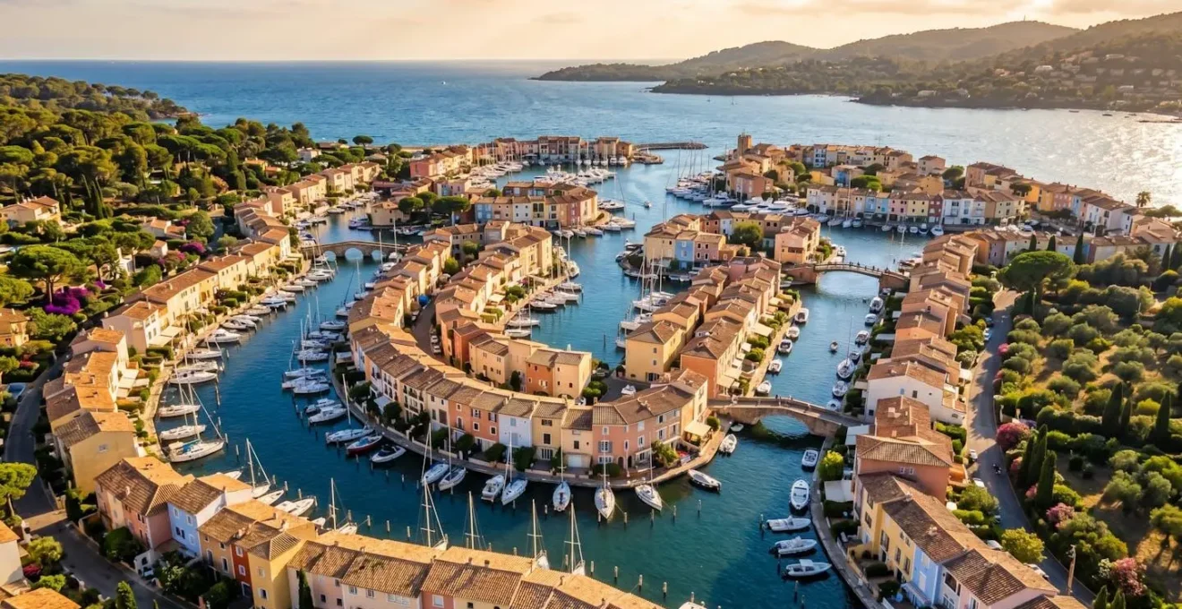Vue aérienne des canaux de Port Grimaud avec maisons colorées et pontons privés