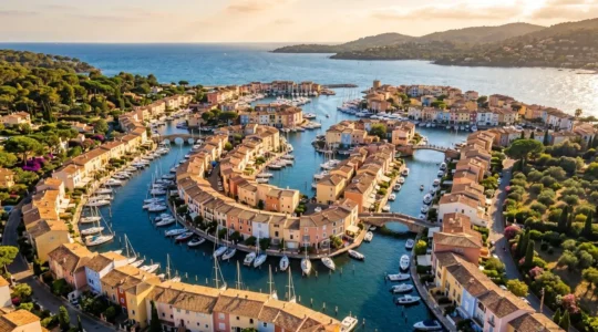 Vue aérienne des canaux de Port Grimaud avec maisons colorées et pontons privés