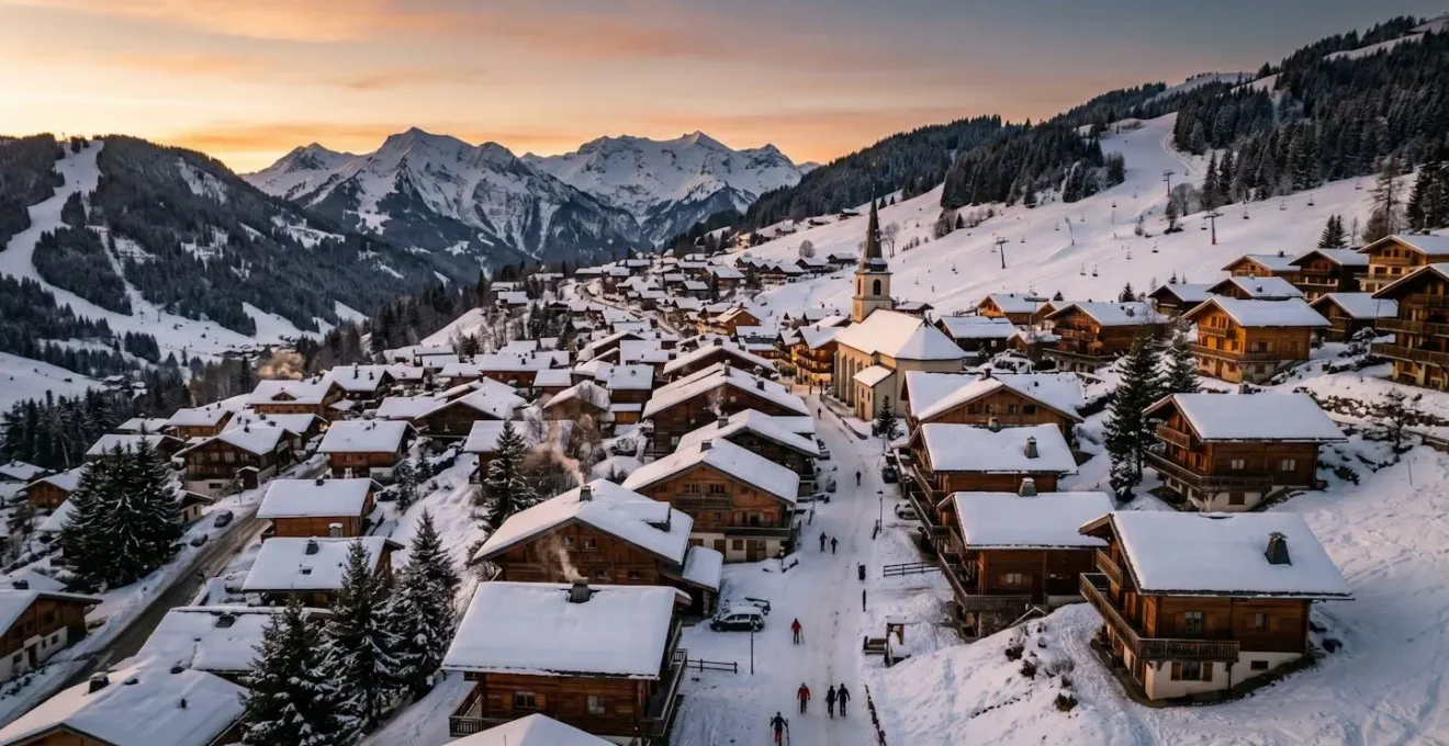 Vue aérienne du village des Gets en Haute-Savoie en hiver, chalets traditionnels en bois avec toits enneigés, clocher d'église, pistes de ski en arrière-plan, lumière dorée de fin de journée, atmosphère paisible de station familiale alpine