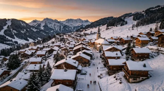 Vue aérienne du village des Gets en Haute-Savoie en hiver, chalets traditionnels en bois avec toits enneigés, clocher d'église, pistes de ski en arrière-plan, lumière dorée de fin de journée, atmosphère paisible de station familiale alpine
