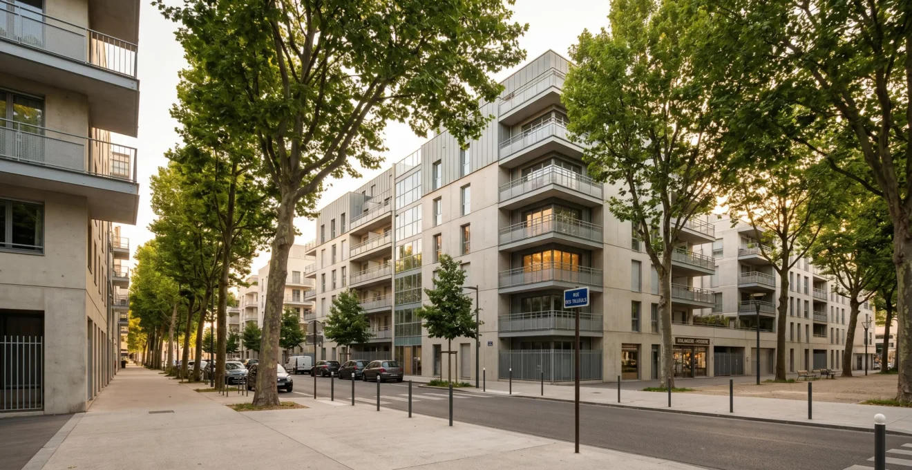 Vue d'un quartier résidentiel français contemporain avec immeubles modernes, rue arborée et environnement urbain qualitatif en lumière naturelle