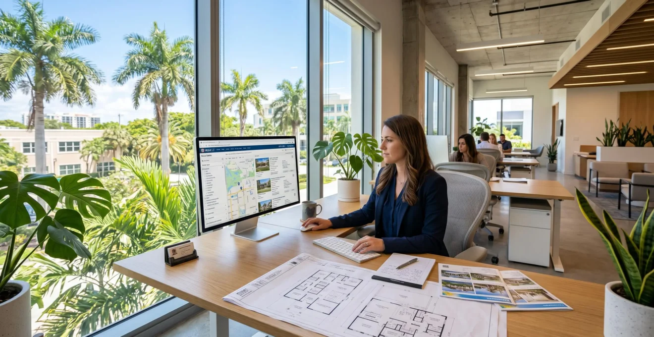 Bureau d'agent immobilier en Floride avec ordinateur, plans de maisons et vue sur palmiers