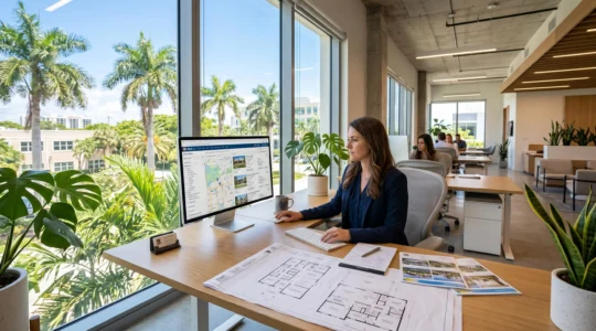 Bureau d'agent immobilier en Floride avec ordinateur, plans de maisons et vue sur palmiers