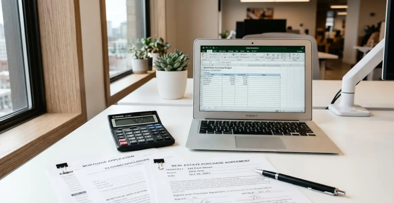 Bureau avec calculatrice et documents pour budget achat immobilier