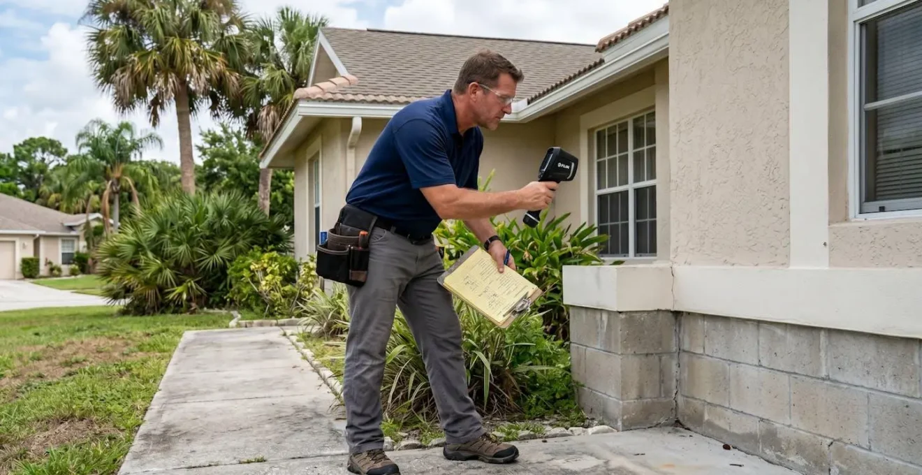 Inspecteur professionnel examinant une maison en Floride avec outils et checklist