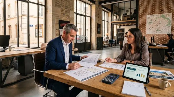Investisseur consultant des documents immobiliers dans une agence moderne à Dijon avec calculatrice et plans d'appartements