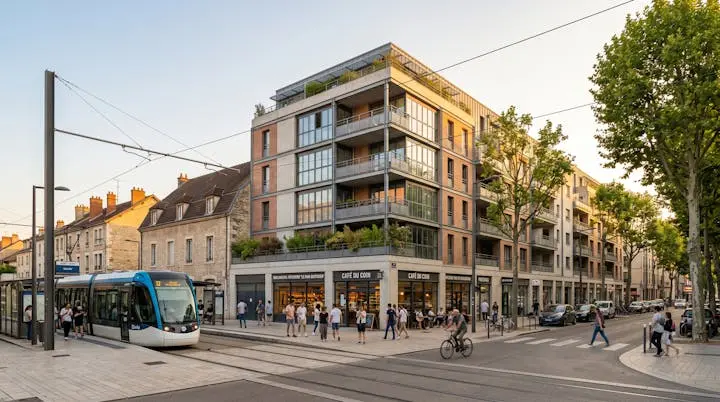 Quartier résidentiel attractif de Dijon avec immeubles modernes et commerces de proximité