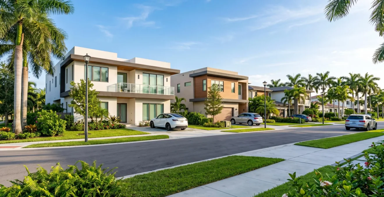 Quartier résidentiel moderne de Miami avec maisons contemporaines et palmiers