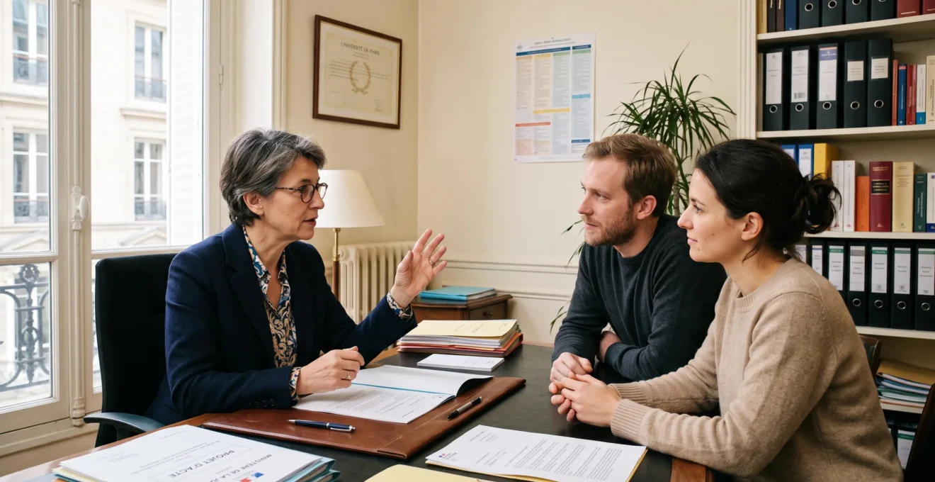 Notaire expliquant des aspects juridiques et familiaux à un couple lors d'une consultation pré-signature