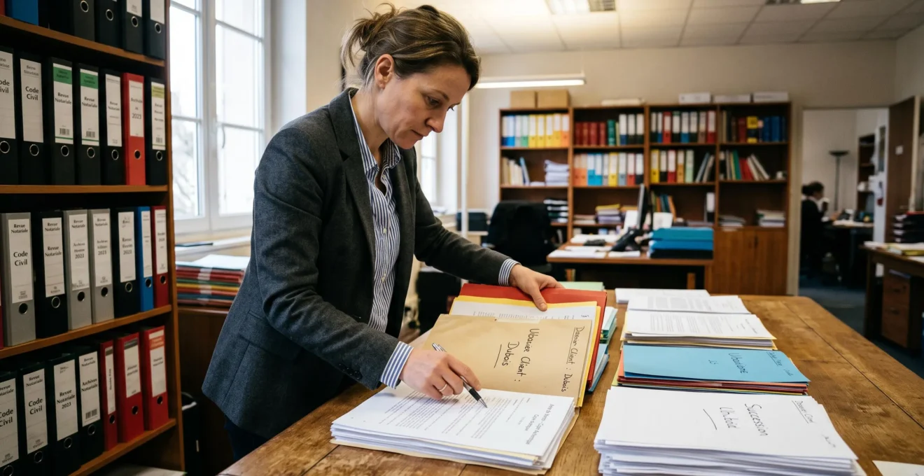 Professionnel notarial organisant et vérifiant les documents d'un dossier client dans une étude