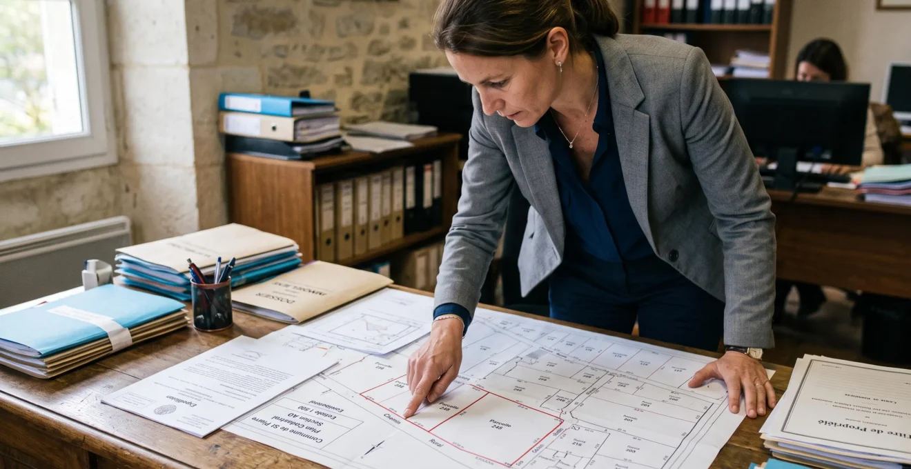 Professionnel notarial examinant et pointant des détails sur un plan cadastral lors de la vérification d'un dossier immobilier