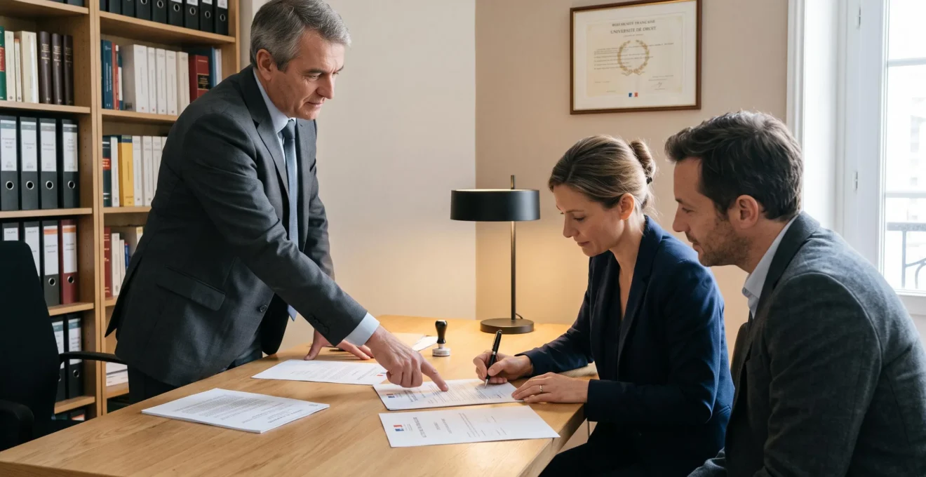 Notaire français supervisant la signature d'un acte immobilier par un client dans une étude notariale