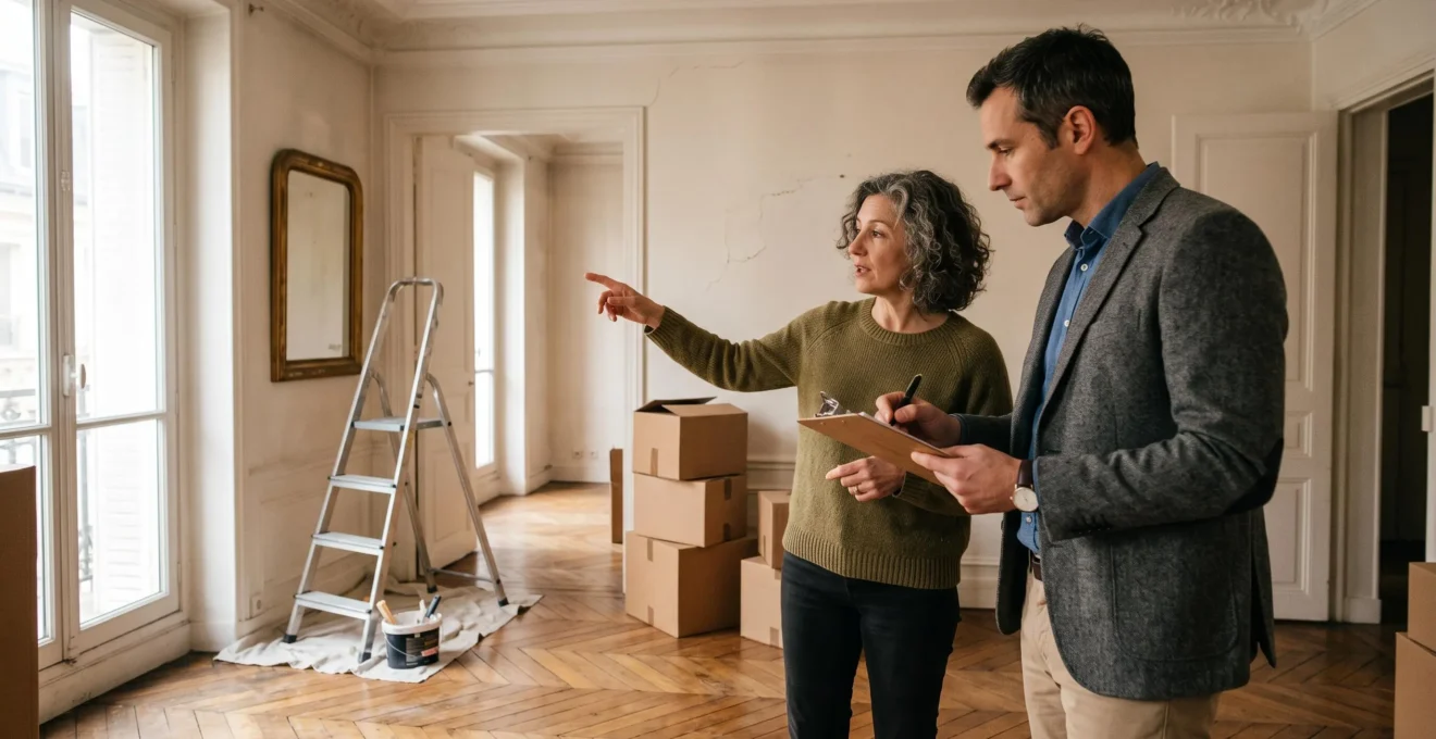Un agent immobilier note des observations dans un appartement accompagné du propriétaire.