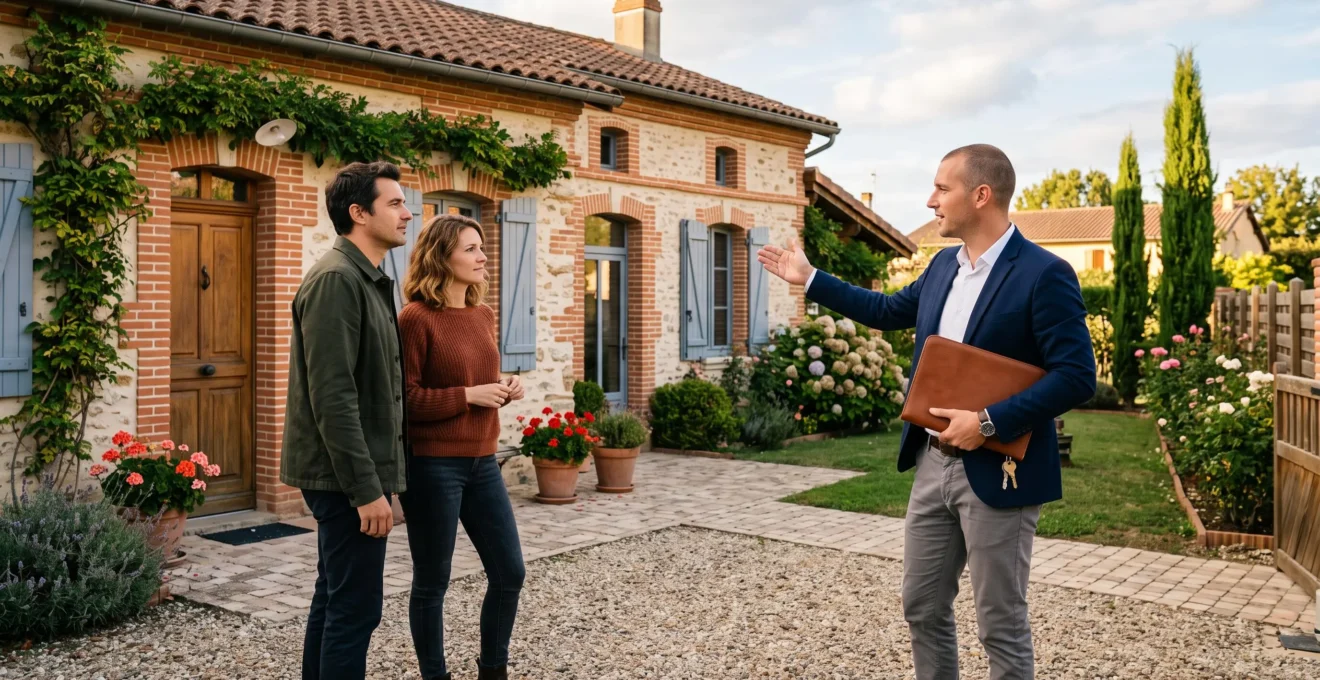 Un agent immobilier présente une maison à un couple devant une rue résidentielle.